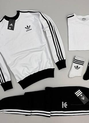 Мужской костюм adidas 3в1 свитшот + штаны + футболка + носки белый с черным адидас весенний осенний l (b)