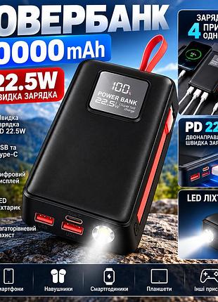 Повербанк 20000 mah 22.5w быстрая зарядка, power bank с led фонариком и дисплеем, черный