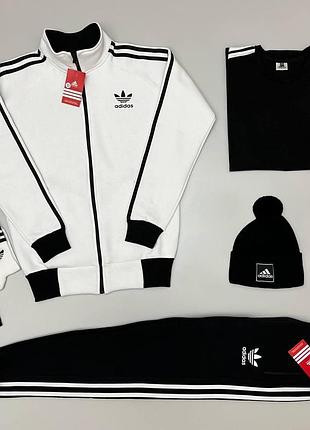 Мужской зимний спортивный костюм adidas белый с черным адиас набор 5в1 свитшот + штаны + шапка (b)