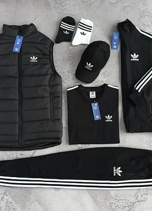 Чоловічий зимовий спортивний костюм adidas чорний комплект адідас 6в1 костюм + жилетка + футболка + кепка s (b)