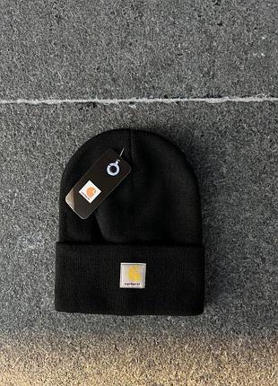 Чоловіча зимова шапка carhartt чорна спортивна логотип вишитий кархарт тепла з відворотом (b)