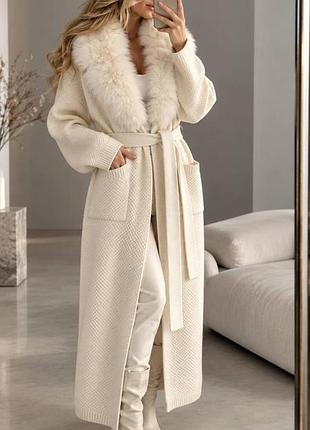 Жіночий подовжений кардиган oversize | в'язка з кашеміром + еко хутро молочний