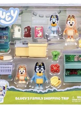 Ігровий набір bluey сімейний шопінг 4 фігурки 12 аксесуарів