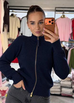 В’язана кофта oversize | структурний кашемір | золота блискавка темно синій