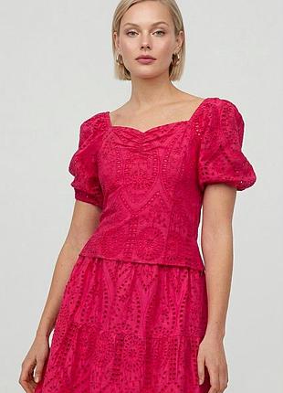 Розовая блуза топ прошва коттон с пышыми рукавами h&m