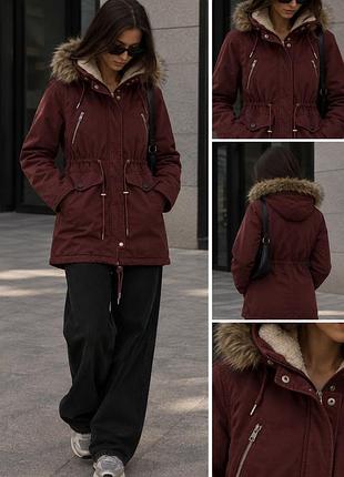 Бордова стильна тепла парка на хутрі pull&bear 3в1 марсала s 42-44