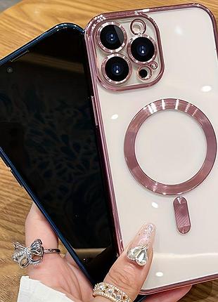 Прозорий силіконовий чохол для iphone 13 pro max з підтримкою бездротової зарядки та захисними лінзами пудра