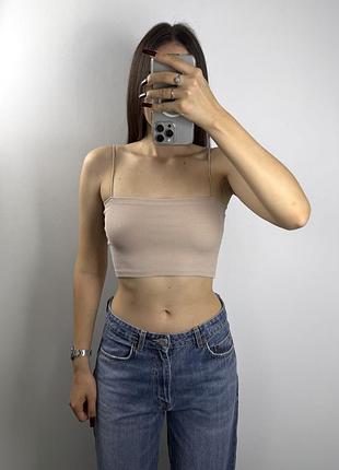 Базовий бежевий топ на тонких лямках у рубчик від zara