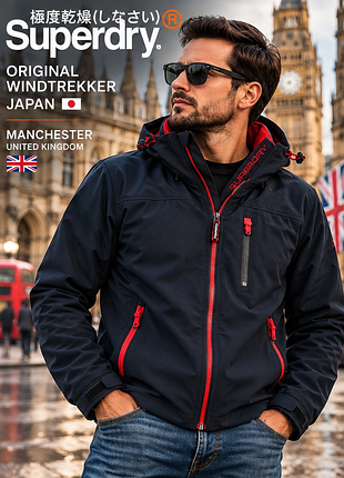 Мужская куртка superdry original windtrekker m - ветрозащитная, темно-синяя, красные акценты