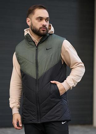 Чоловіча безрукавка хакі nike з утеплювачем без капюшона повсякденна чоловіча жилетка на змійці для прогулянок хакі, xl