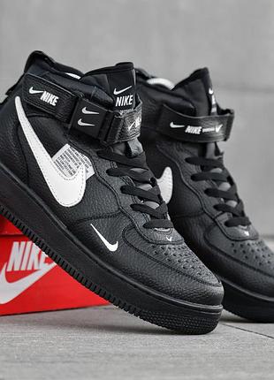 Мужские кроссовки nike air force 1 черные фирменные утепленные с натуральным мехом зимние удобные кожаные для города найк аир форс