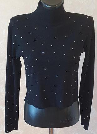 Чорний укорочений гольф zara knit зі стразами / водолазка в рубчик, розмір m