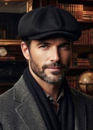 Чоловіча вовняна кепка восьмиклинка «шелбі» hook з вухами (чорна) 🎩