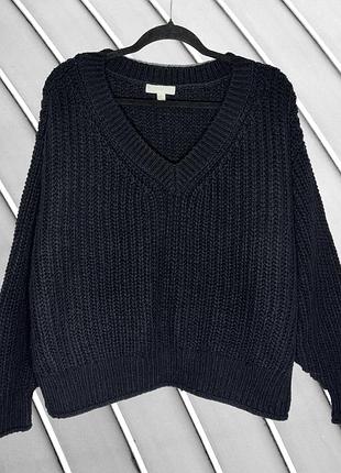 Светр h&m l 40 12 46, жіночий темно-синій оверсайз, вільний, крупної в’язки, з v-подібним вирізом, об’ємний, трикотажний, осінній зимовий светр