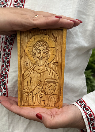 Ікона ісуса христа «спас вседержитель» | дерев'яна різьблена ікона
