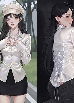 Ефектна біла блуза з шнурівкою на спині під атлас elegant, y2k, smart casual, business chic.