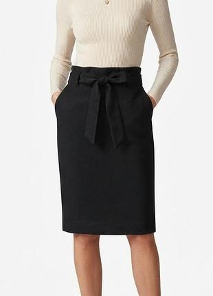 Стильная черная шерстайн юбка-миди massimo dutti с поясом-бантом (paperbag), размер m/40