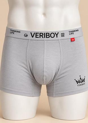Мужские трусы-боксеры veriboy светло-серый меланж с широкой резинкой и принтом короны