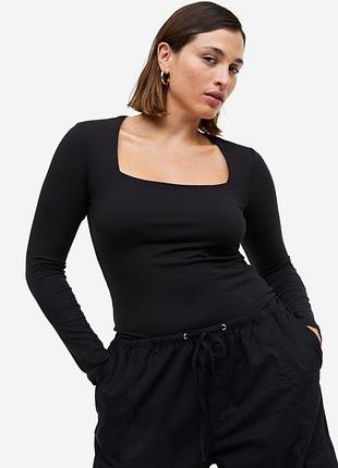 Лонгслів чорний квадратний виріз h&m жіночий м