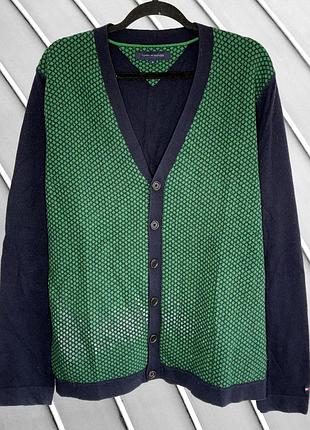 Чоловічий светр tommy hilfiger xl 54 44 54, зелений вовняний, 80% шерсті, з ґудзиками та геометричним принтом, теплий зимовий, трикотажний