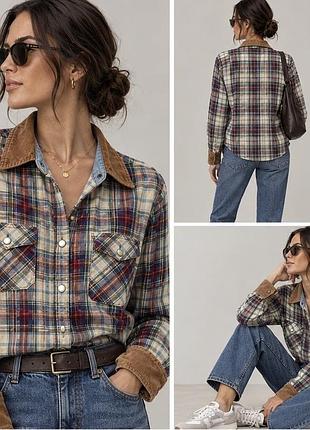 Женская  клетчатая рубашка в стиле вестерн h&m l.o.g.g. с вельветовым воротником и латками