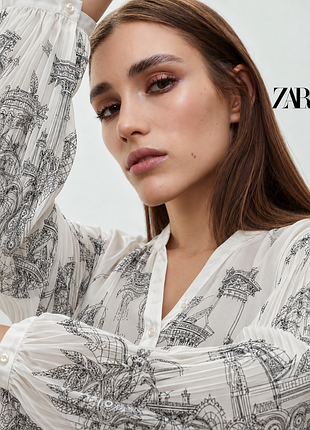 Zara шифоновая принтованная блузка с перчатками гафре