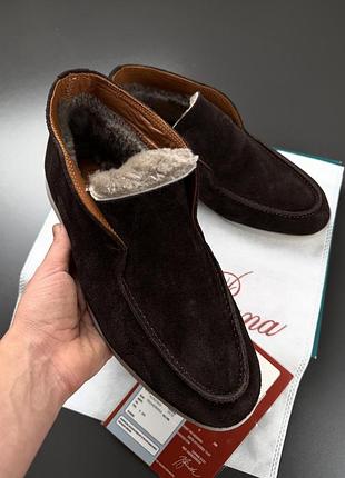 Чоловічі теплі лофери loro piana чоботи черевики коричневі з хутром