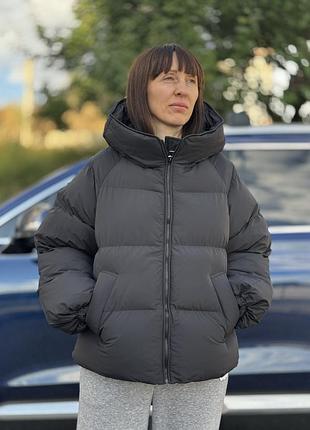 Пуховик жіночий оверсайз в темно-сірому кольорі в розмірах m | l | xl | xxl