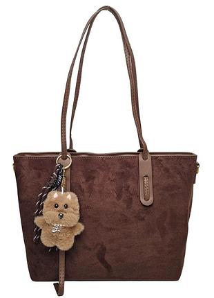 Модная сумка шоппер велюр коричневый арт.1836 brown (китай)