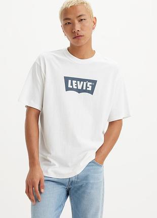 Мужская футболка levi's relaxed vintage batwing 000ry0003 - белая с синим логотипом, свободный, 100% хлопок. оригинал.