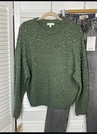 Зелений джемпер кофта светр з перлинками