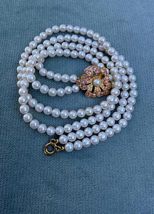 Сучасне дворядне намисто з перлами та квіткою зі стразами (vintage/retro style)