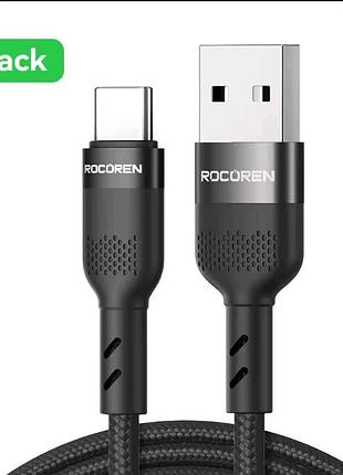 Кабель usb-a to type-c 0.5м rocoren rcxcac-tza01 черный, провод для зарядки и передачи данных