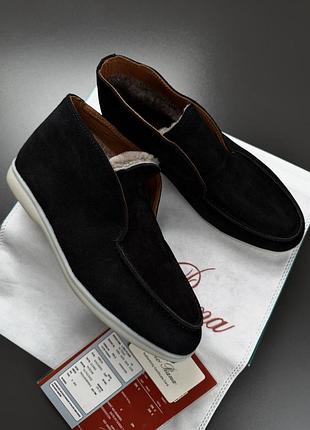 Черевики лофери замшеві зимові чоловічі чорні loro piana brown! ботинки лоферы мужские зимние чёрные замшевые утепленные на меху! размеры 40-49!
