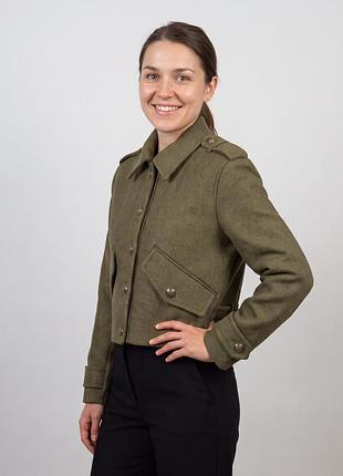 Zara жіночий вкорочений жакет куртка мілітарі хакі вовна ґудзики герб m кроп