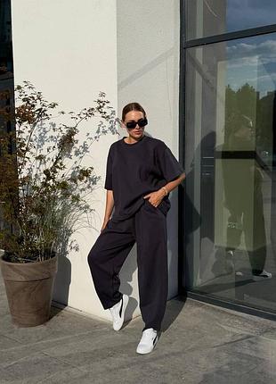 Костюм лакоста: футболка oversize + штани-банани графітовий 42-46 — ‼️заміри в описі‼️