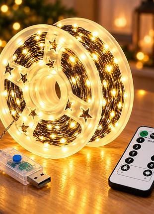 Гірлянда "роса" 40 м 400 led теплий білий / гірлянда з usb та пультом ду, зелений дріт