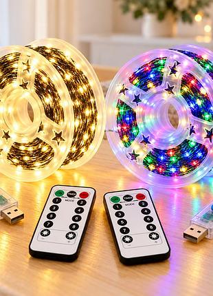 Гірлянда "роса" 60 м 600 led / гірлянда з usb та пультом ду, зелений дріт