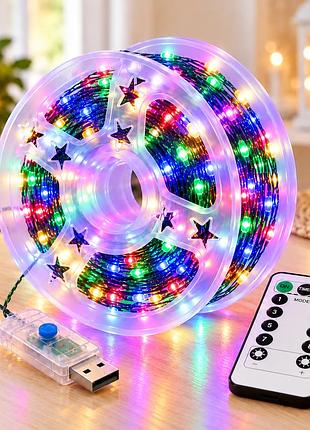 Гірлянда "роса" 60 м 600 led мульті / гірлянда з usb та пультом ду, зелений дріт