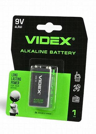 Батарейка лужна videx 6lr61 9 в для сигналізацій, димових детекторів та мультиметрів