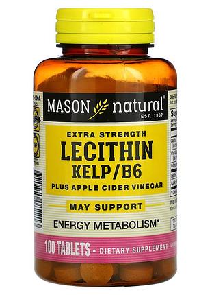 Лецитин с водорослями, в6 и яблочным уксусом, extra strength lecithin kelp b6 apple cider vinegar, mason natural, 100 таблеток