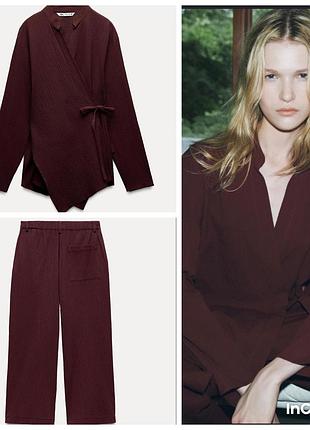 Бордовий костюм zara, сорочка кімоно і штани вільні, трохи вкорочені. плотна рефлена тканина. стан нового. розмір s\m