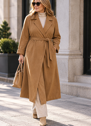 Плащ женский бежевый, на запах с поясом, oversize,  большой размер