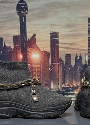 Женские текстильные кроссовки-носочки florens (made in italy) с люрексом и декоративными кристаллами. размер 37, длина стельки 24 см, производитель ит