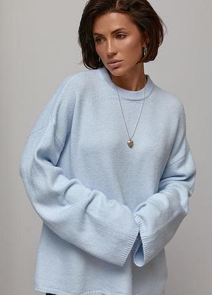 Свободный вязаный джемпер с широкими рукавами - голубой цвет, one size (имеется размеры)