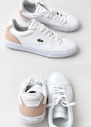 Жіночі шкіряні кеди lacoste, білі, з пудровими вставками