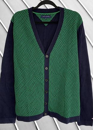 Чоловічий светр tommy hilfiger xl 54 44 54, зелений вовняний, 80% шерсті, з ґудзиками та геометричним принтом, теплий зимовий, трикотажний