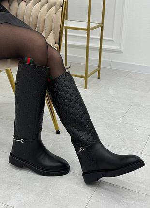 Чоботи gucci монограма довгі чорні на платформі