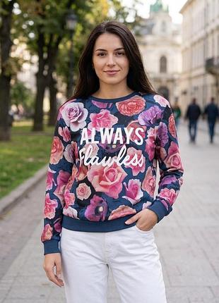 Яскравий свитшот h&m divided з квітковим принтом та написом "always flawless" ,розмір s