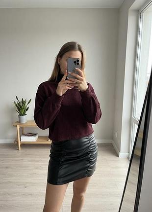 Bershka жіночий бордовий вельветовий светр, трендовий укорочений джемпер оверсайз з коміром-стійкою, розмір xs/s/m